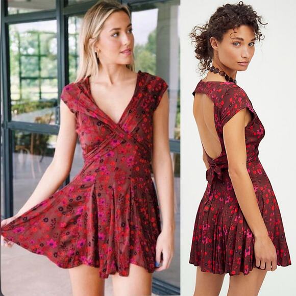 Free People Women’s Brown Red Pink It Takes Two Wrap Bodice Dress Size Small - Picture 1 of 11